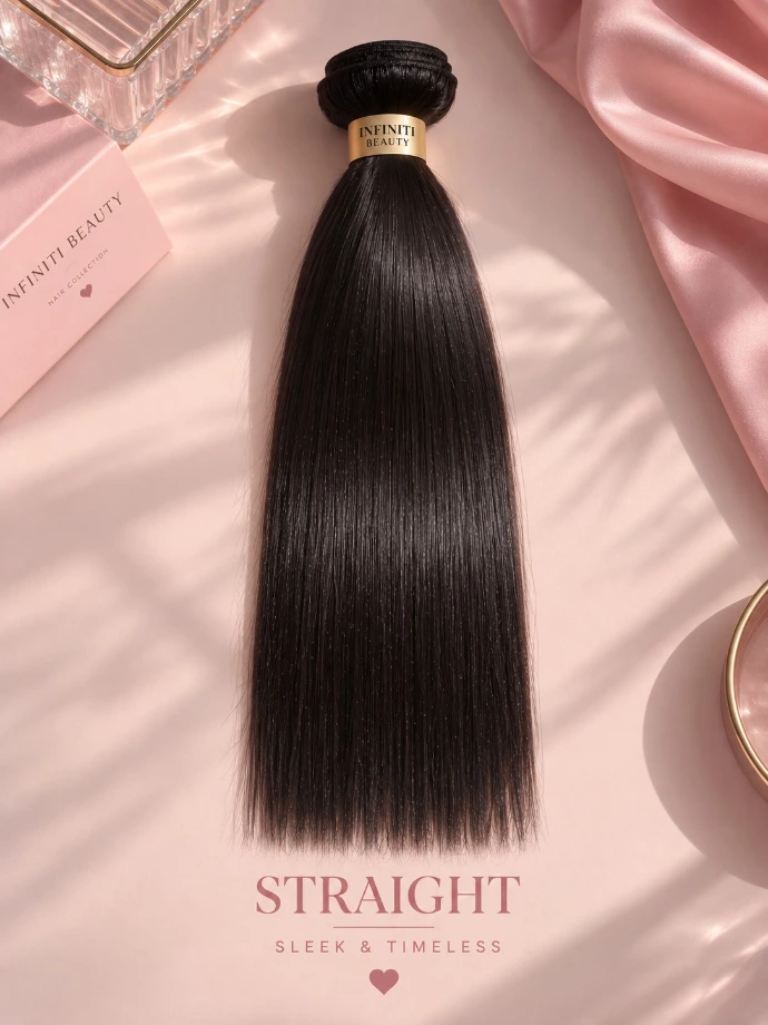Straight raw hair bundle banded with the Infiniti Beauty gold wrap, on a soft pink backdrop