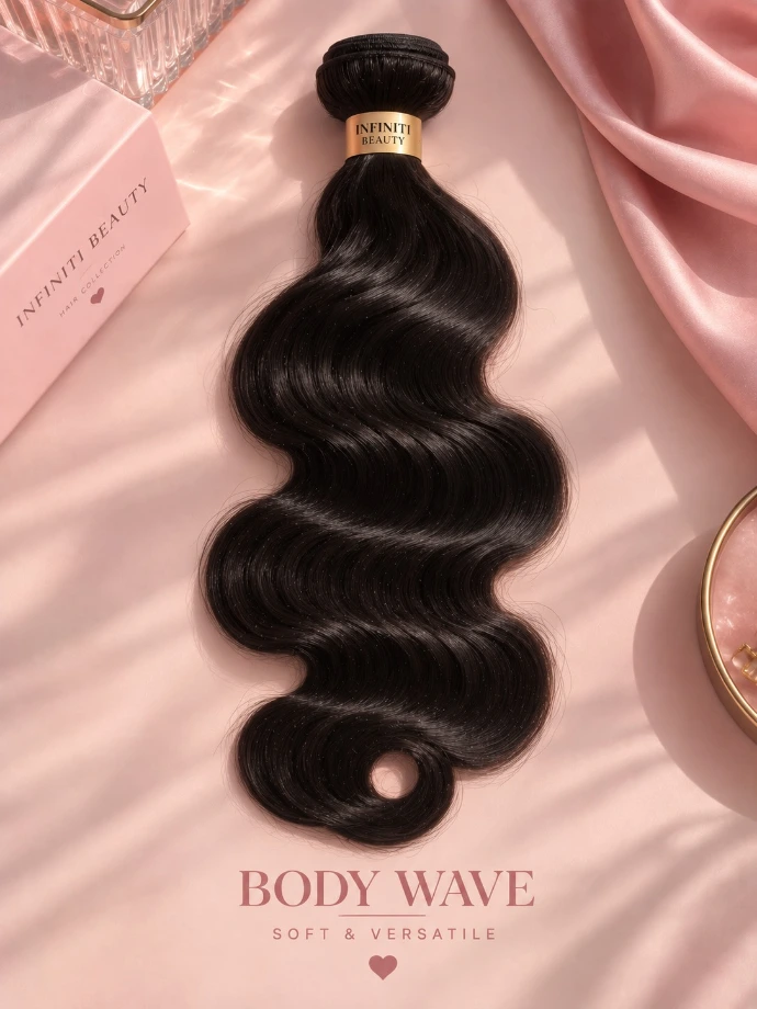 Wavy raw hair bundle banded with the Infiniti Beauty gold wrap, on a soft pink backdrop