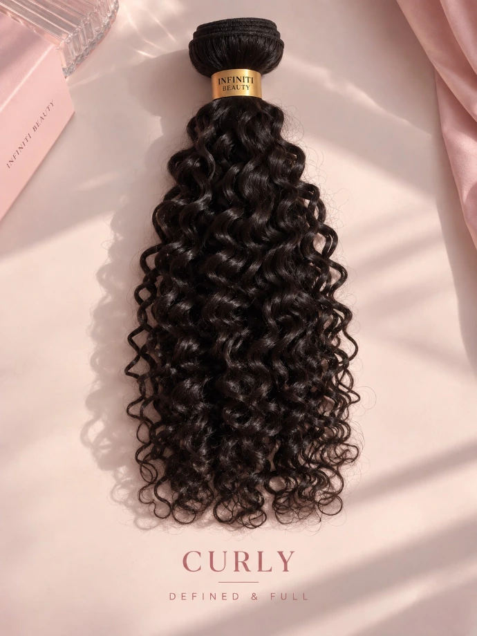 Curly raw hair bundle banded with the Infiniti Beauty gold wrap, on a soft pink backdrop